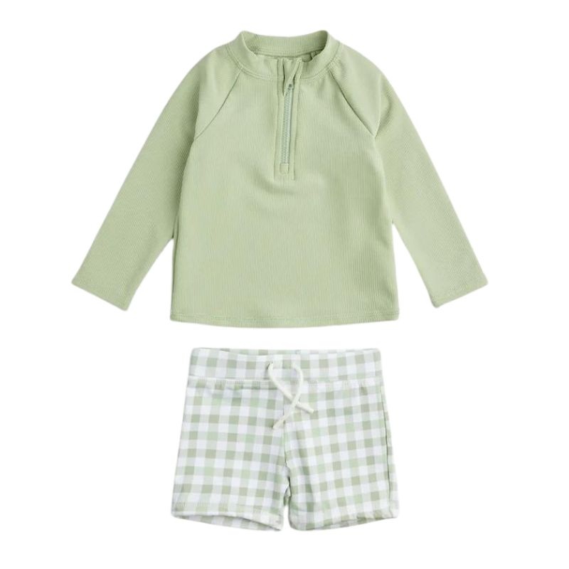 Ribbed Long-Sleeve Rashguard Set With Swim Shorts