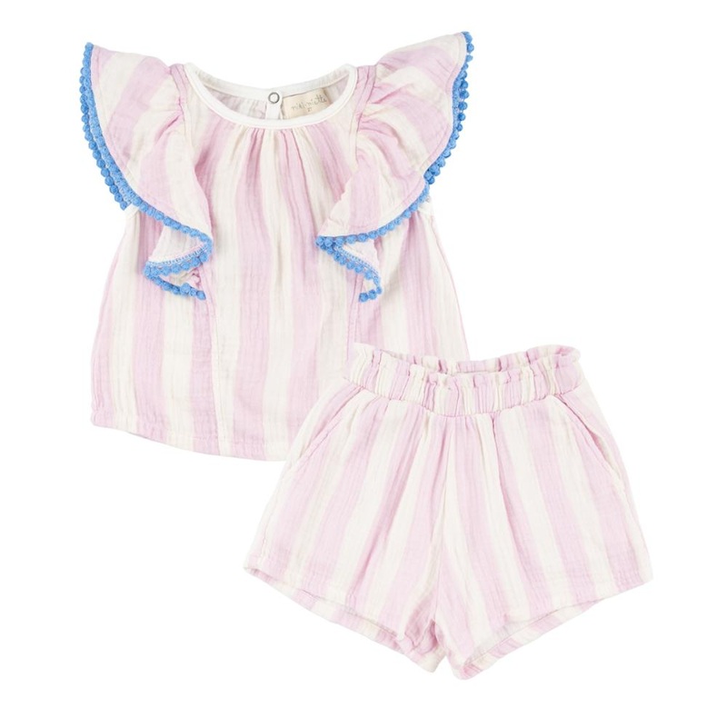 Miki Miette – Muslin Ruffle Top + Shorts Set – Pink + White Stripe
