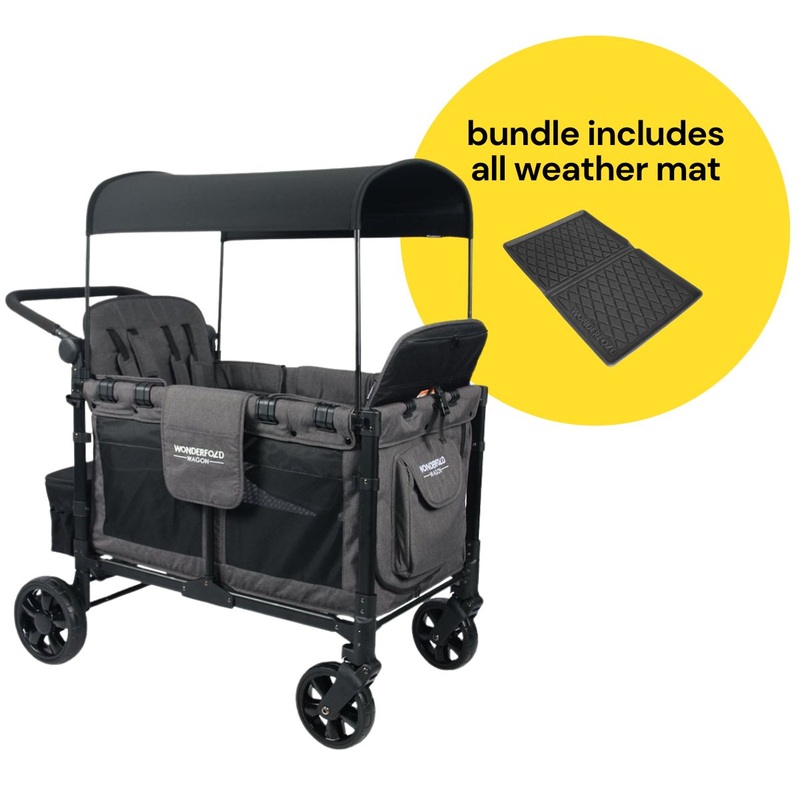 WonderFold W4 Elite Multifunctional Quad (4 Seater) Stroller Wagon + All Weather Mat Bundle – Charcoal Gray
