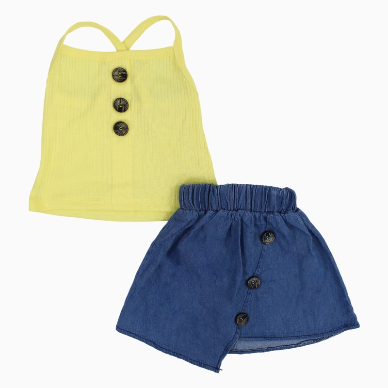 Girls 2-Piece Outfit Set  Yellow Strap Top & Denim Skirt