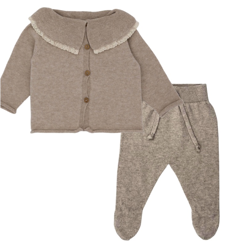 Li + Me – Knit Ruffle Cardigan + Footed Pant Set – Toasted