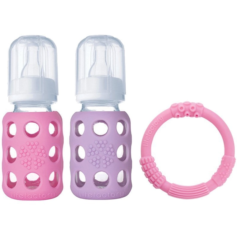 Lifefactory Glass Baby Bottle Gift Set, 4 oz – Pink/Lilac