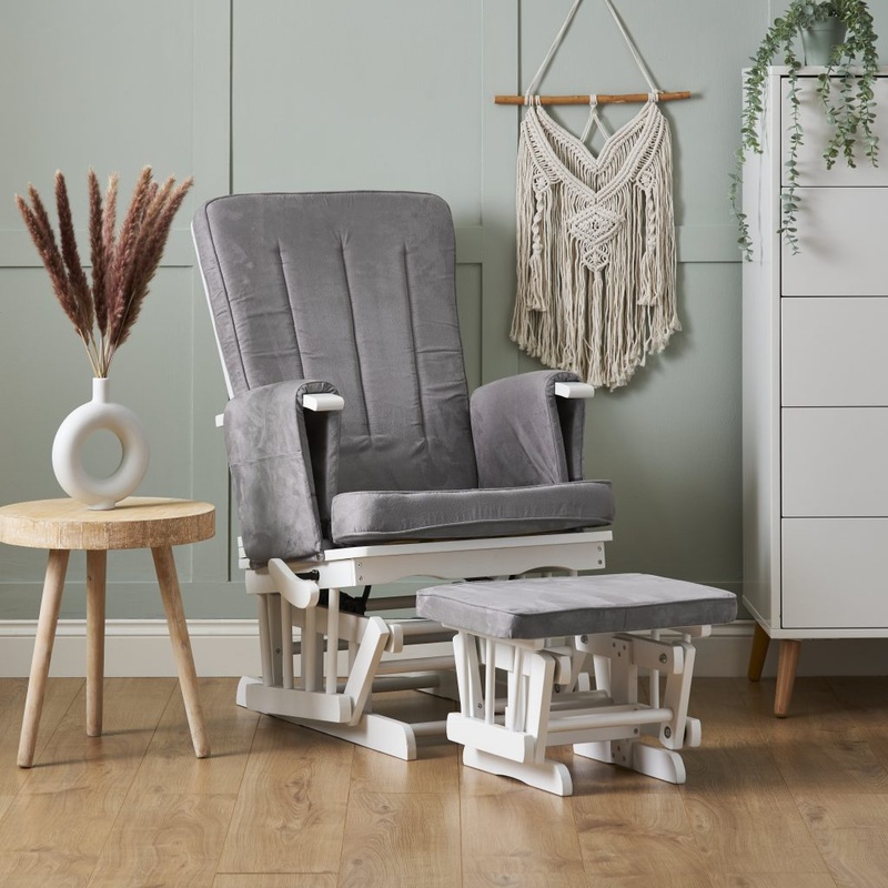 Obaby Deluxe Reclining Glider Chair And Stool – White with grey cushion
