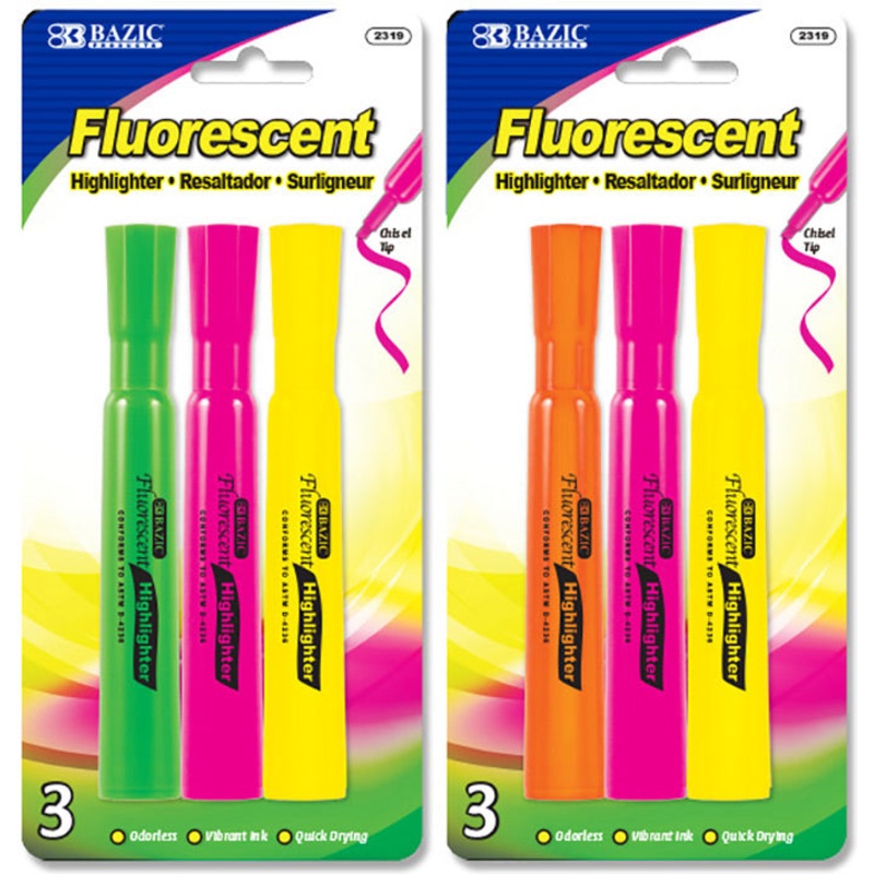BAZIC Desk Style Fluorescent Highlighter (3/Pack)