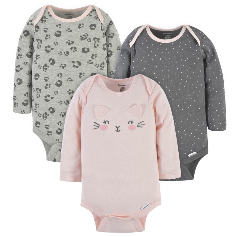 3-Pack Baby Girls Purrfectly Cute Long Sleeve Onesies Bodysuits