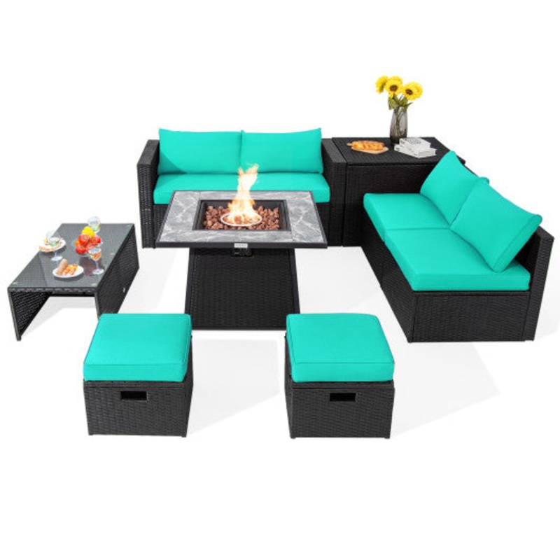 9 Pieces Outdoor Wicker Sectional With 35 Inch Gas Fire Pit Table-Turquoise