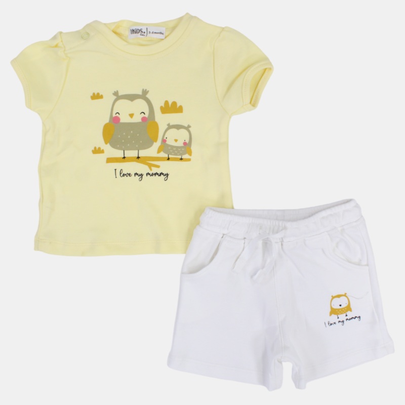 Baby Girls Cotton Pajama Set  Yellow with Owls & “I Love My Mommy” Print