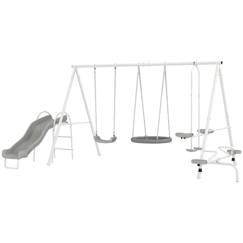 Outsunny 5 in 1 Kids Swing Set for Backyard with Heavy-Duty A-Frame Stand – Gray