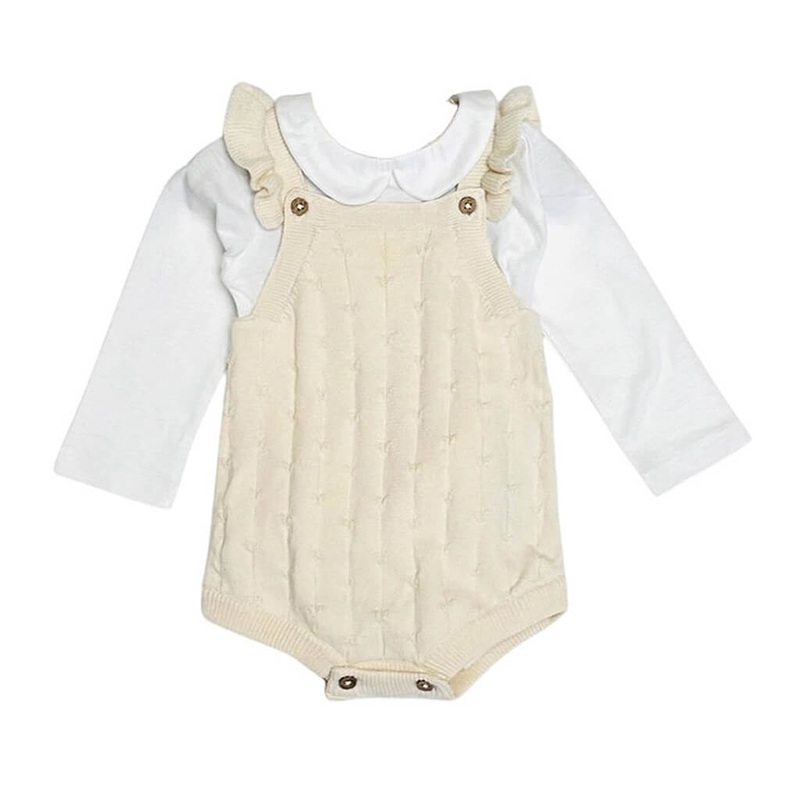 Sleeveless Ruffle Knit Romper + Bodysuit Set Natural