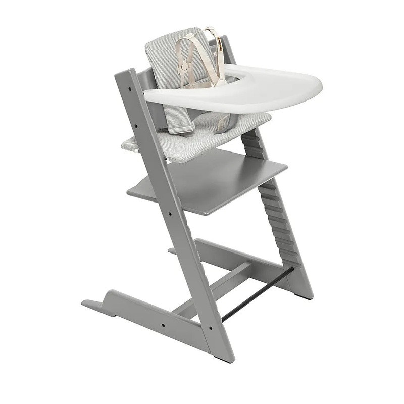 Tripp Trapp High Chair & Stokke Tray V2 – Storm Grey/nordic grey cushion