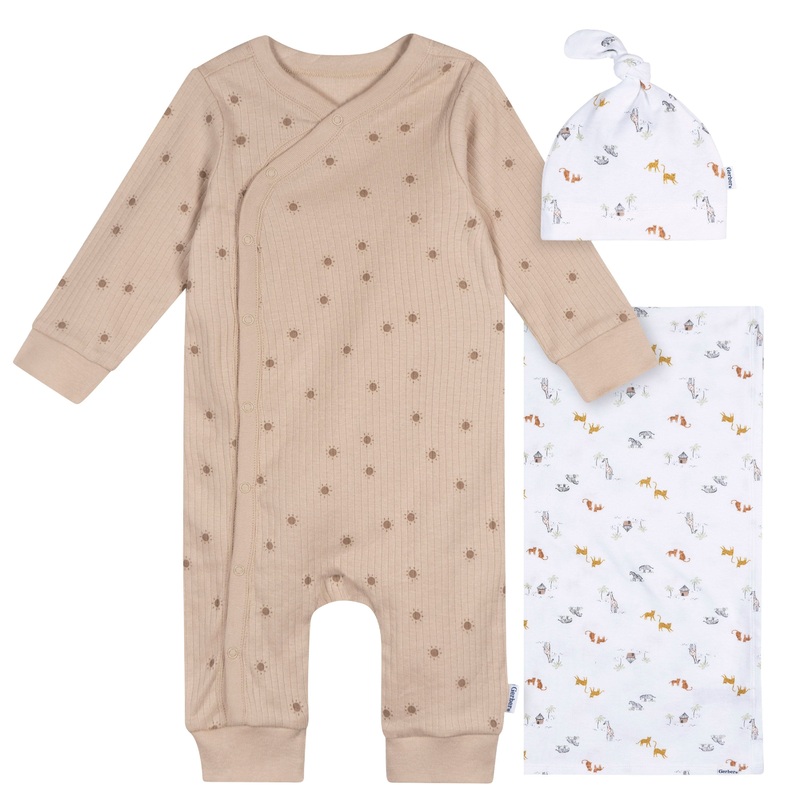 3-Piece Neutral Safari Footless Pajamas, Swaddle, and Cap Bundle