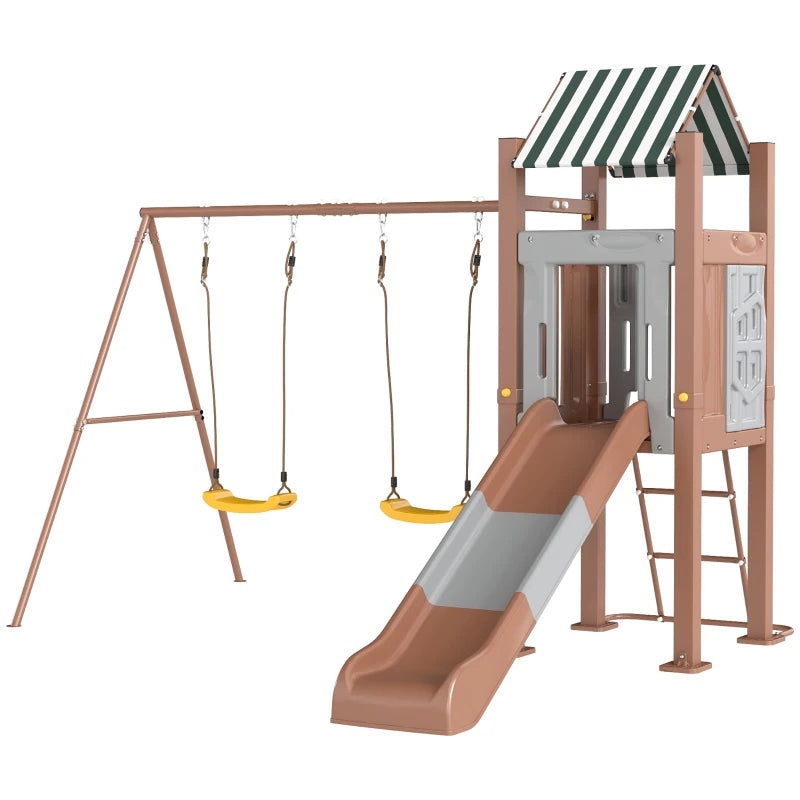 Qaba Kids Swing Set with 6 FT Slide, 2 Adjustable Swings, Fort with Canopy, Ladder, Ground Stakes for Ages 3-8 – Brown