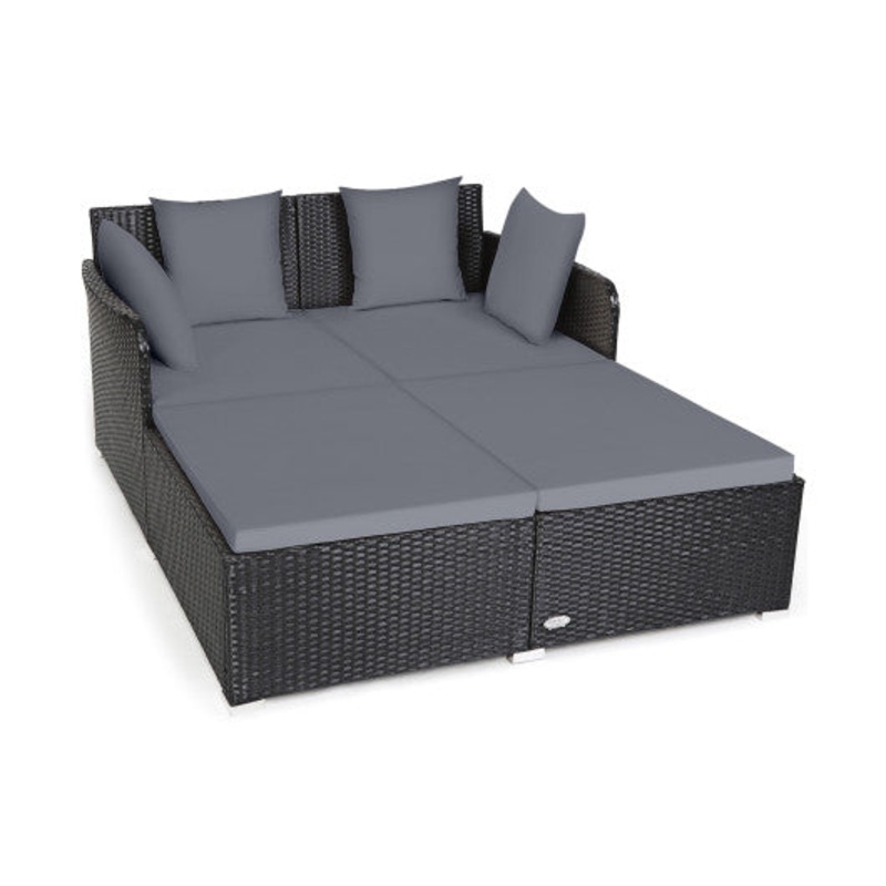 Spacious Outdoor Rattan Daybed With Upholstered Cushions and Pillows-Gray