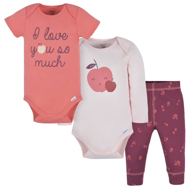 3-Piece Baby Girls Apple Bouquets Onesies Bodysuits and Pants Set
