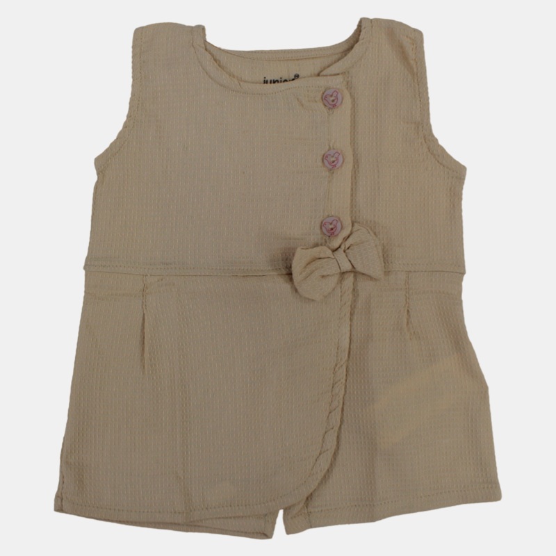 Baby Girls’ Sleeveless Cotton Romper  Beige with Bow