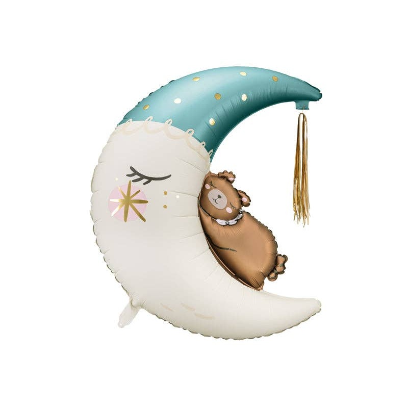 Teddy Bear on the Moon Foil Balloon – Light Blue & Gold Tassel | 28×34 Inches
