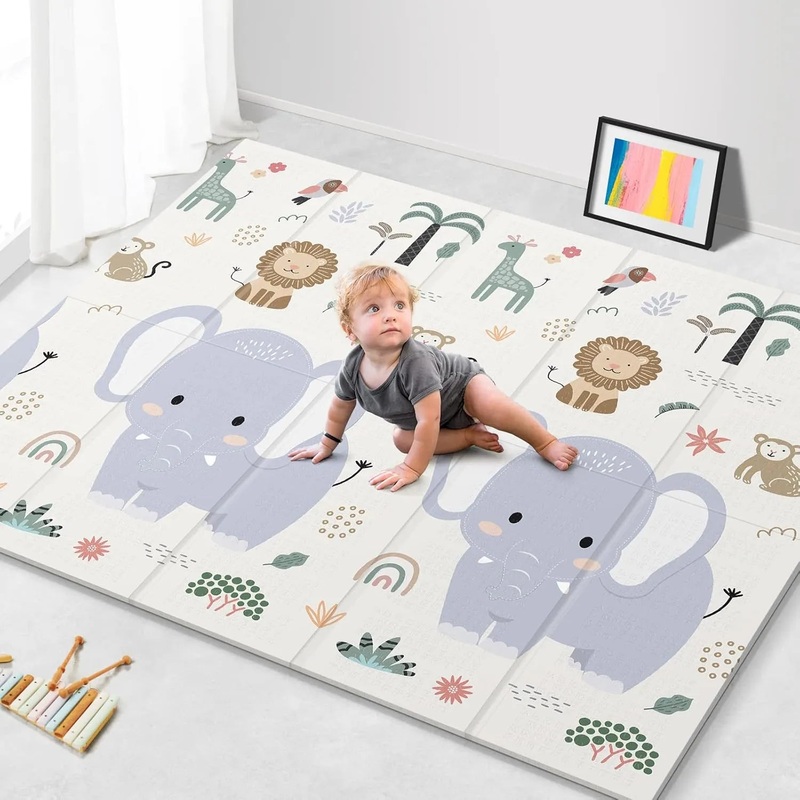 79×71 Foldable Play Mat for Baby,  Elephant+Monkey