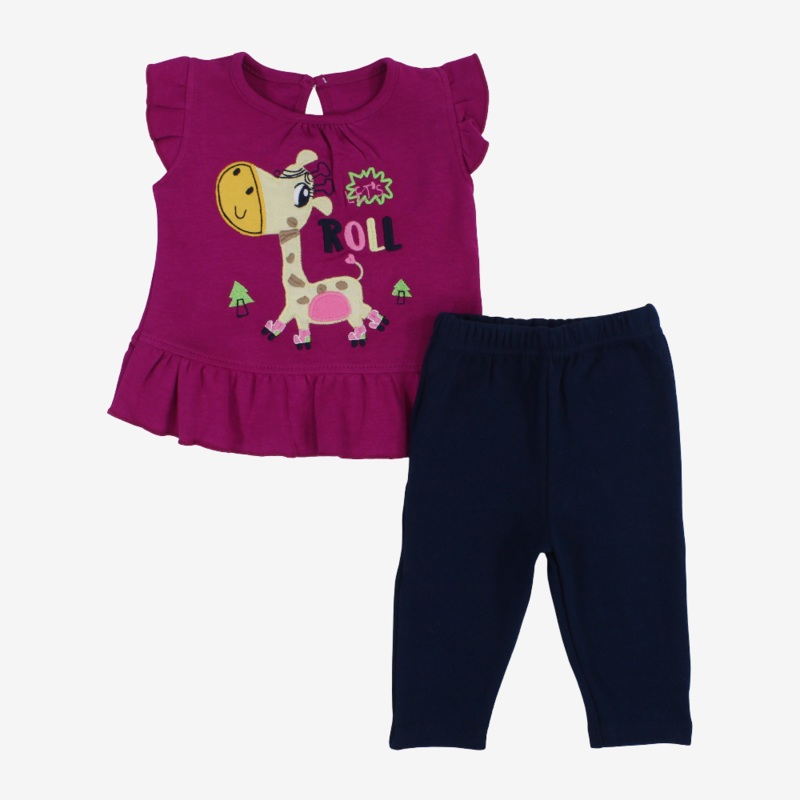 Baby Girls Cotton Pajama Set  Fuchsia with Giraffe Print