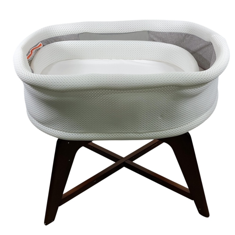 TruBliss Evi Smart Bassinet with Smart Technology, White with Walnut Base