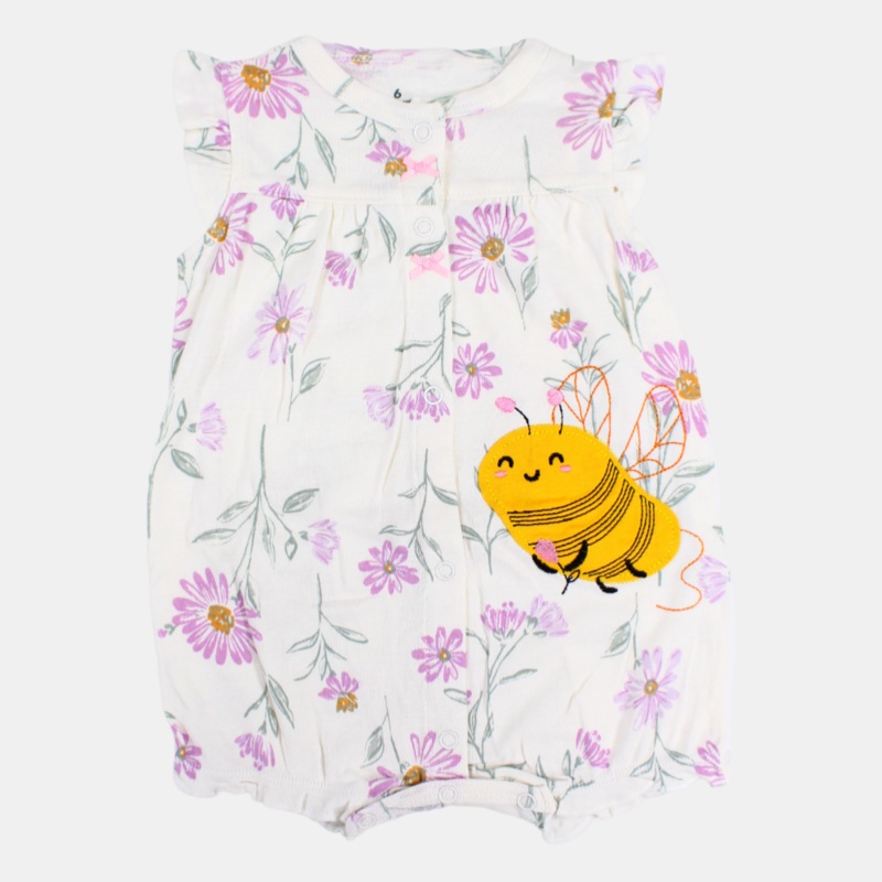 Baby Girls Cotton Romper  Off-White with Floral & Bee Print