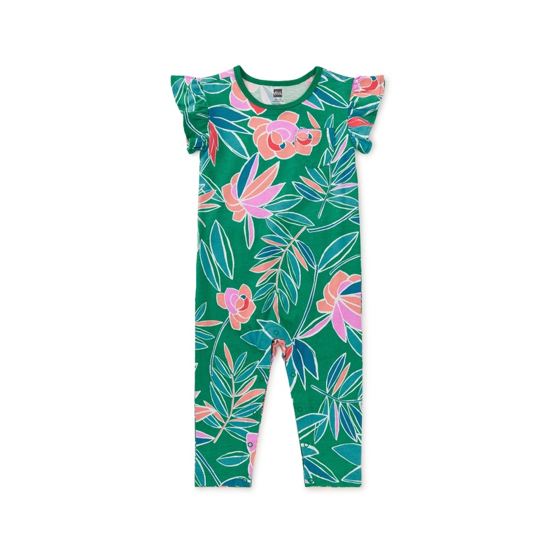 Tea Collection Ruffle Sleeve Pocket Romper – Tropical Gardenia