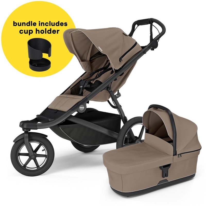 Thule Urban Glide 3 Single Jogging Stroller + Cup Holder + Bassinet Bundle – Tinted Taupe (Brixy Exclusive)