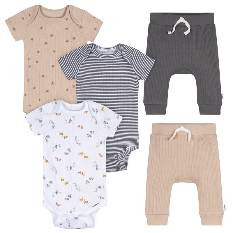 5-Piece Baby Neutral Safari Bodysuits & Pants Set