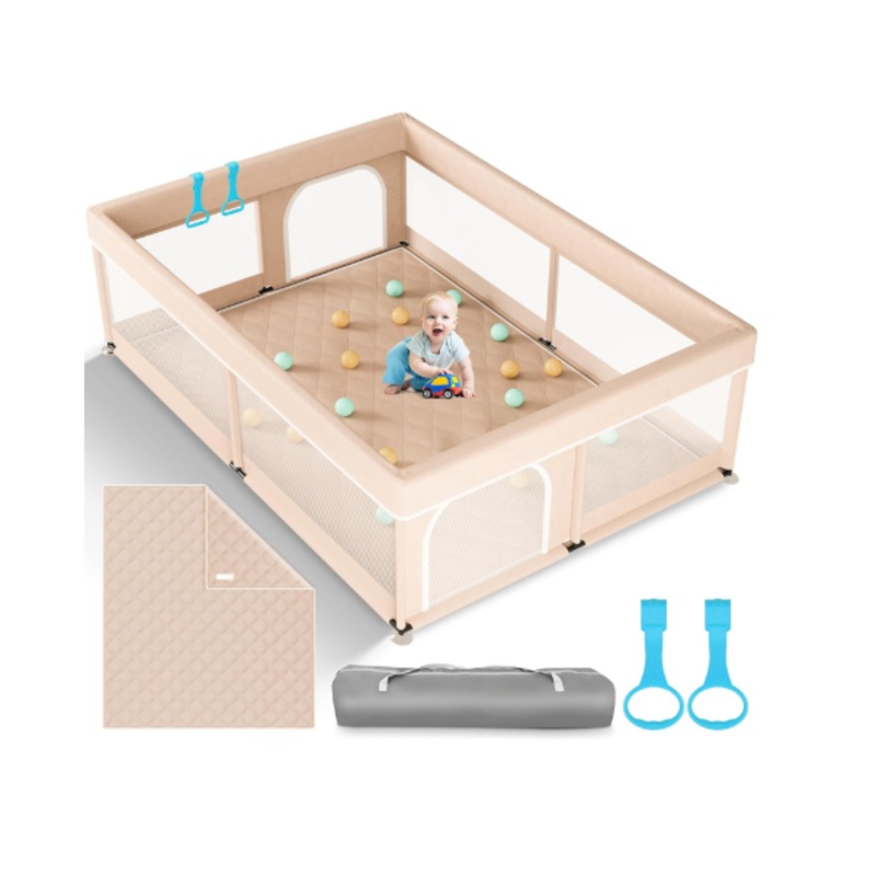 Omzer Baby Playpen with Mat, Beige, 71″x59″