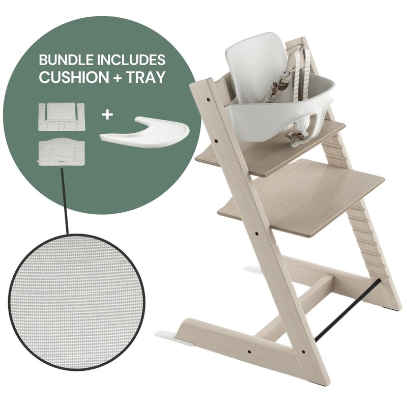 Tripp Trapp High Chair and Cushion with Stokke Tray — Whitewash / Nordic Grey