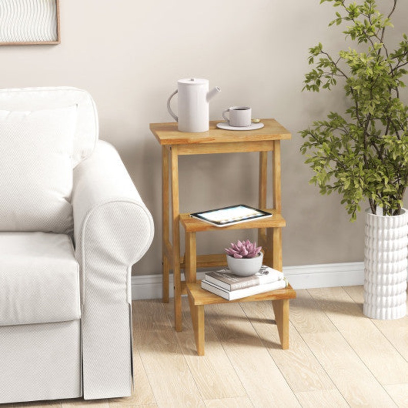 3-in-1 Rubber Wood Step Stool With Convenient Handle-Natural