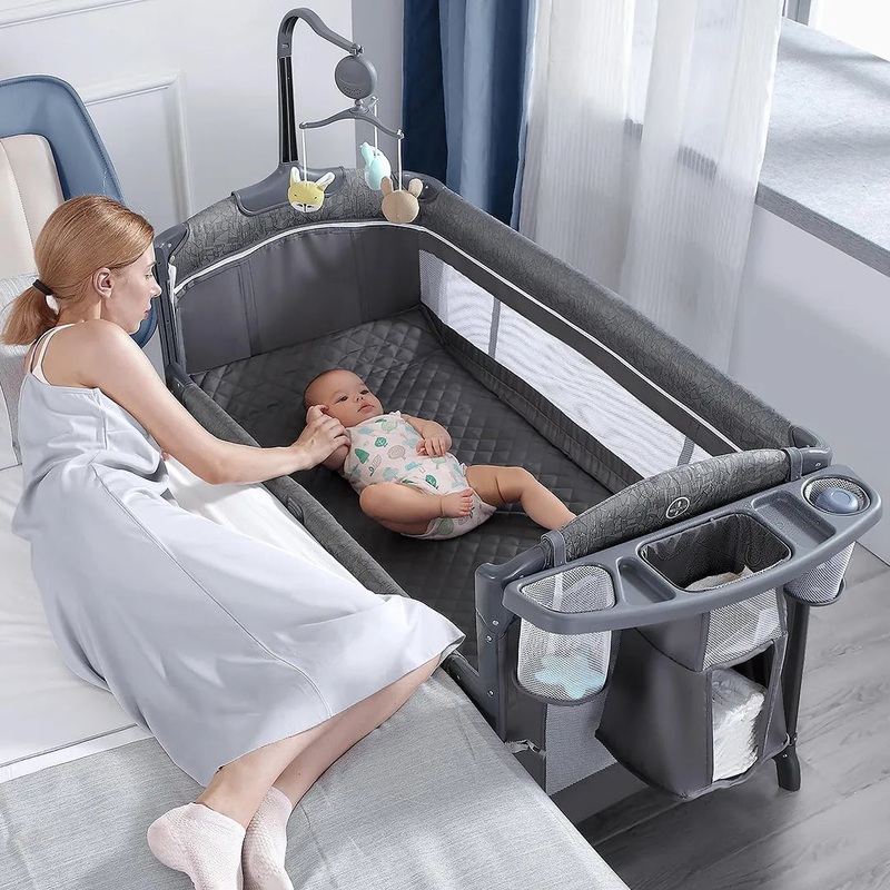 Baby Bedside Bassinet , Pack and Play with Sheet, Diaper Changing Table – Gray