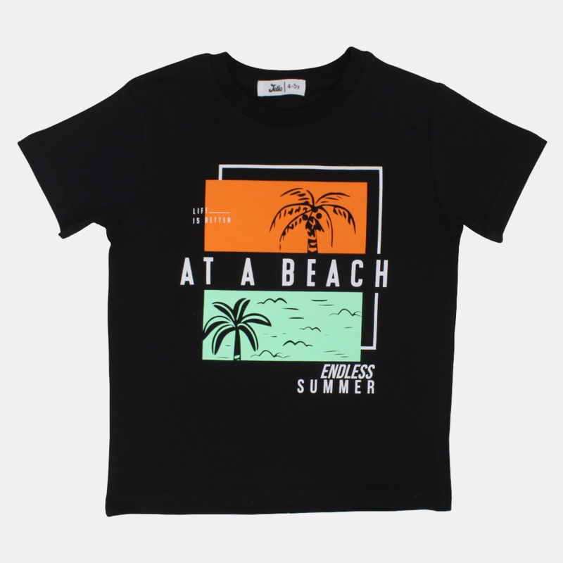 Boys Cotton T-Shirt  Black with “At a Beach” Design