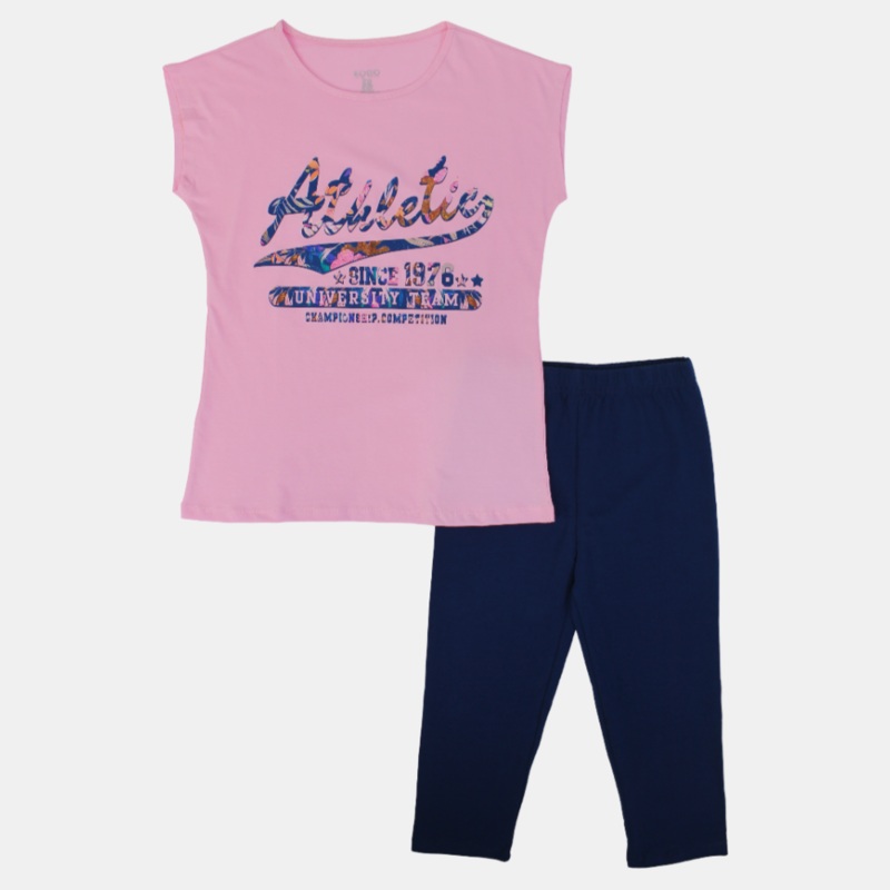 Girls Cotton Pajama Set in Pink/Black