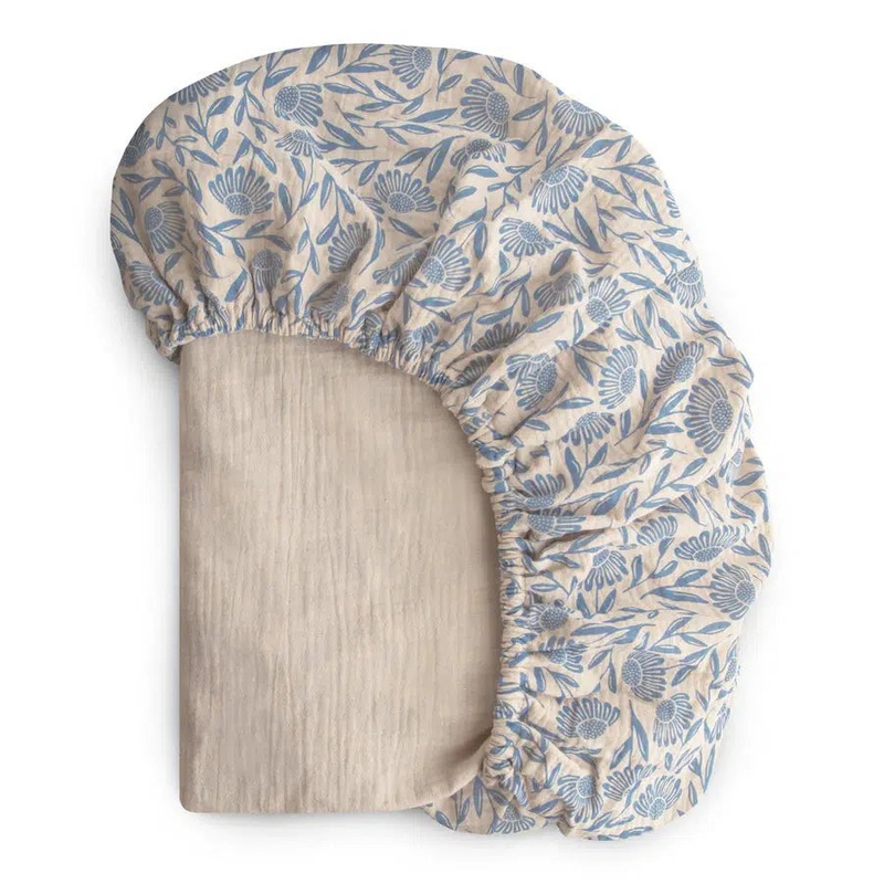 Mushie – Extra Soft Muslin Crib Sheet – Blue Flowers