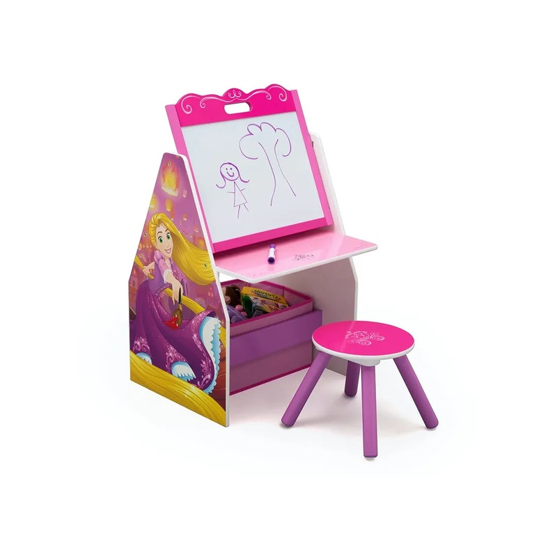 Disney Princess Deluxe Kids Art Table and Stool Set with Easel and Toy Organizer, Multicolor