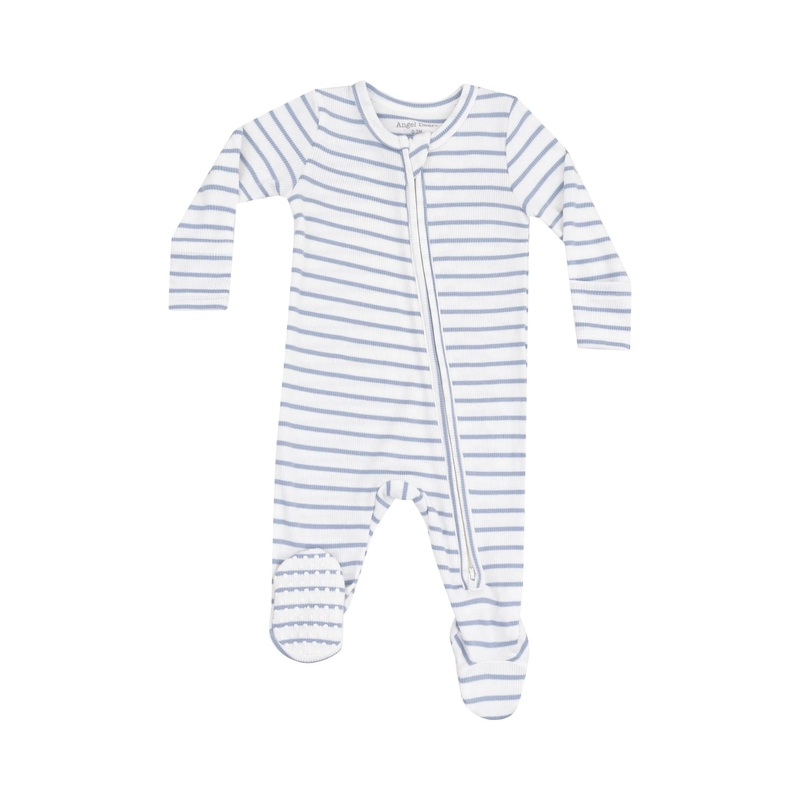 French Stripe Dusty Blue Rib 2-Way Zipper Footie