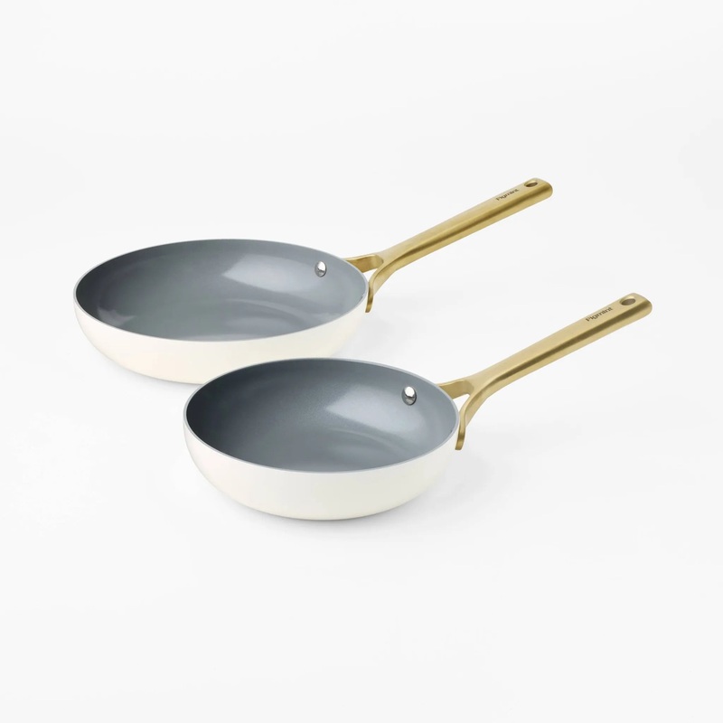 2pk Nonstick Ceramic Coated Aluminum Frying Pan Set with Champagne Handles Cream (See Description)