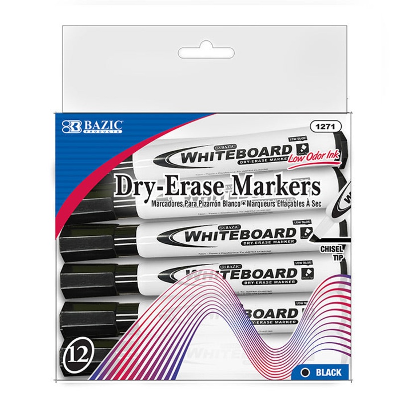 BAZIC Black Chisel Tip Dry-Erase Markers (12/Box)