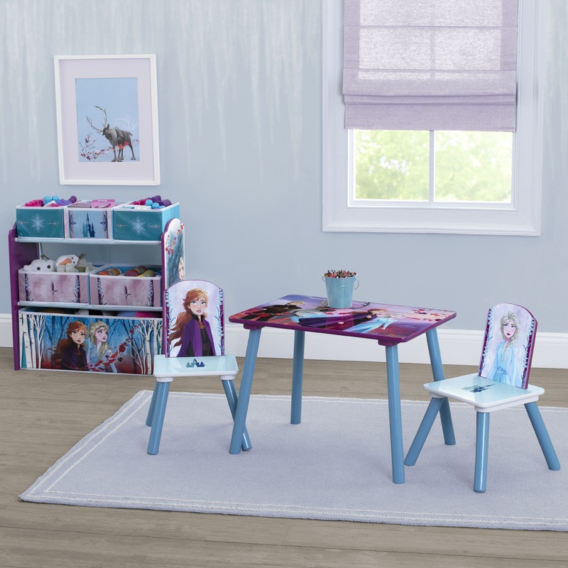 Disney Frozen II 4-Piece Playroom Solution   Set Includes Table and 2 Chairs and 6-Bin Toy Organizer
