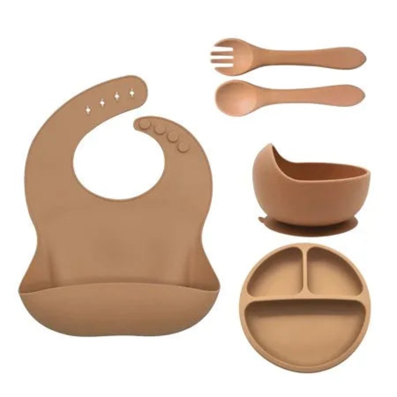 5pcs Baby Feeding Set with Bowl/Plate/Bib/Spoon/Fork Food-Grade Silicone Baby Toddler Tableware Set Non-Slip Self-Feeding Baby Cutlery Set with