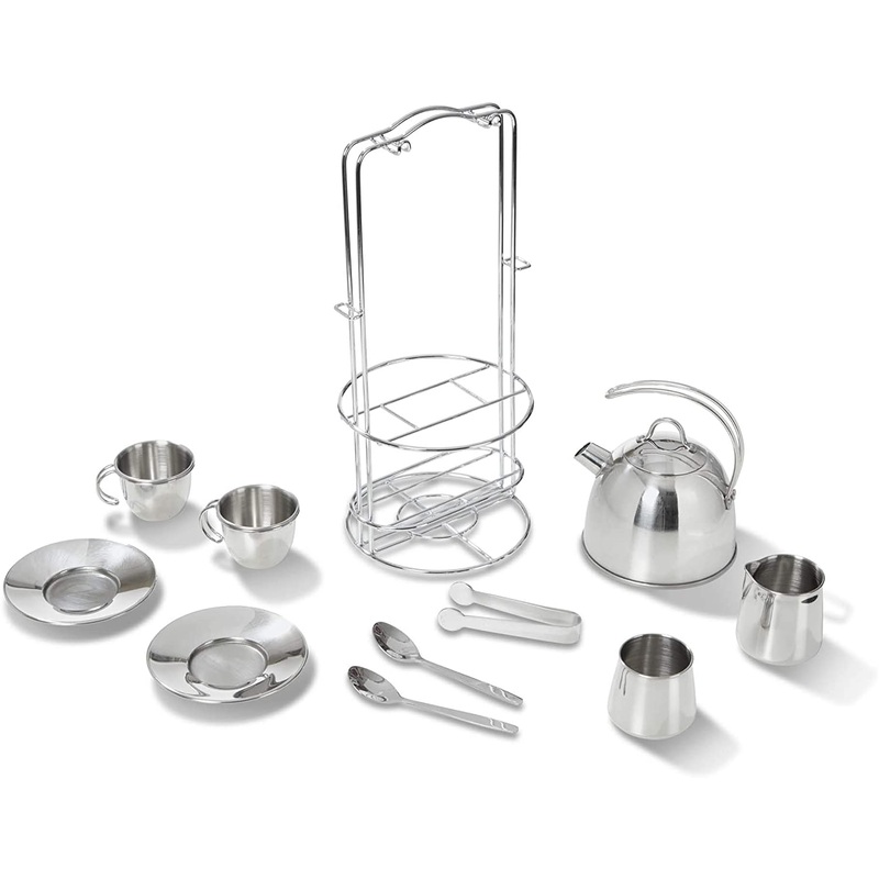 Melissa & Doug Stainless Steel Pretend Play Tea Set and Storage Rack for Kids (11 pcs)