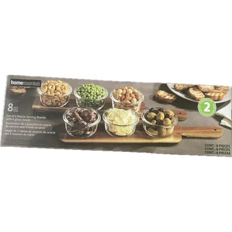 Set of 2 Acacia Serving Boards with 6 Glass Bowls