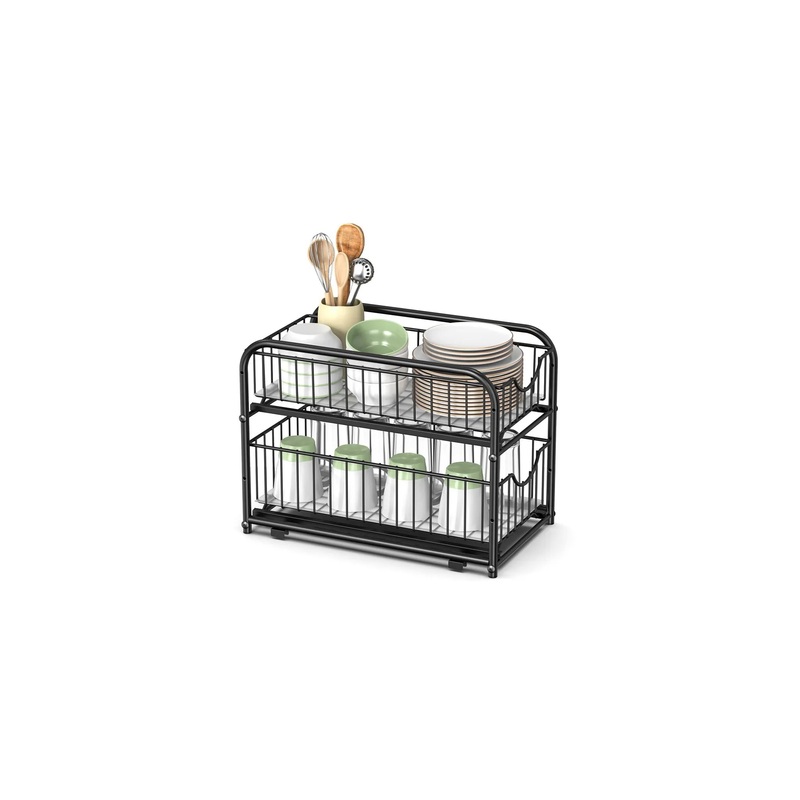 2-Tier Pull-Out Cabinet Organizer – Under Sink Storage Solution, Sliding Basket Drawers, Stackable, Black