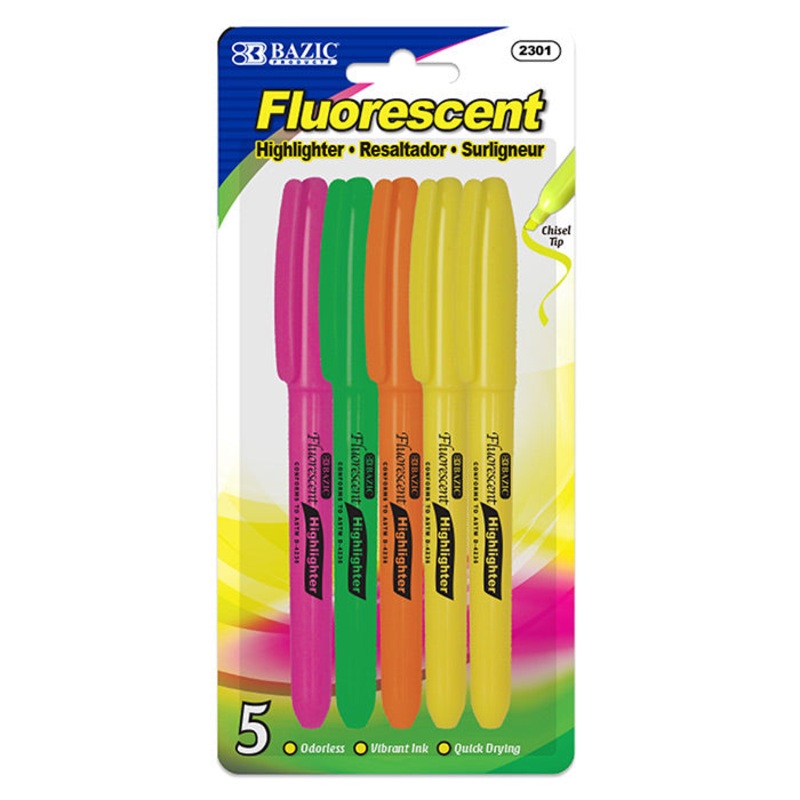 BAZIC Pen Style Fluorescent Highlighter w/ Pocket Clip (5/Pack)