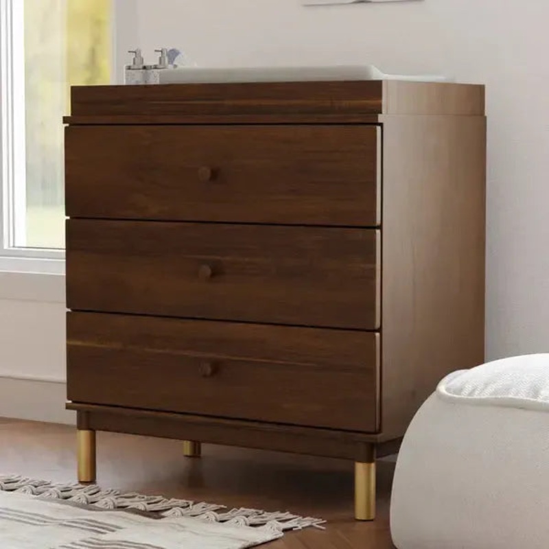 Babyletto – Gelato 3-Drawer Changer Dresser with Removable Changing Tray – Natural Walnut + Gold Feet