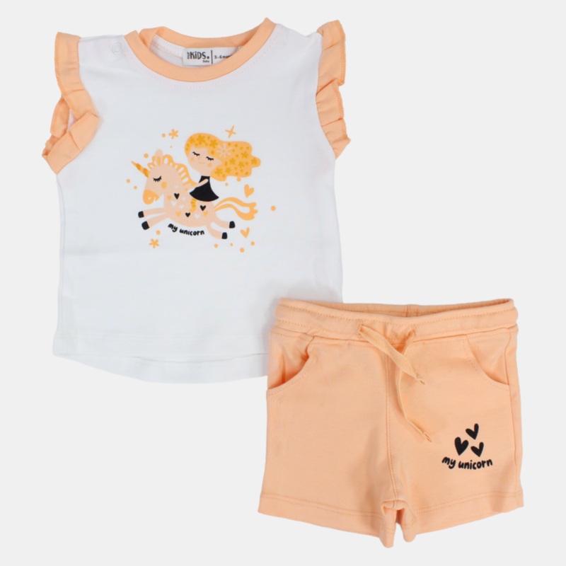 Baby Girls Cotton Pajama Set  Off-White/Salmon with “My Unicorn” Print