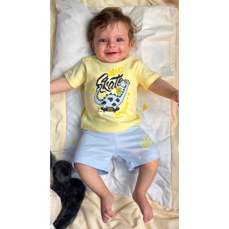 Baby Boys Cotton Pajama Set  Yellow “Dino Skate” Print