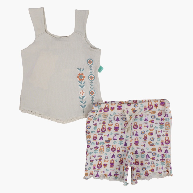 Baby Girls Cotton Pajama Set  Beige with Floral Print