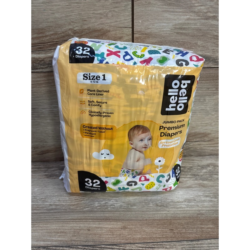 NEW Package of Hello Bello Premium Baby Diapers Size 1, 32 Ct. in Alphabet Soup