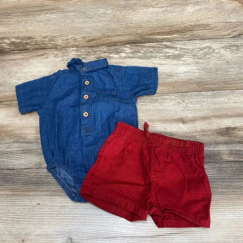 Mick Mack 2pc Chambray Bodysuit & Shorts sz 6-9m Blue 6-9m Used